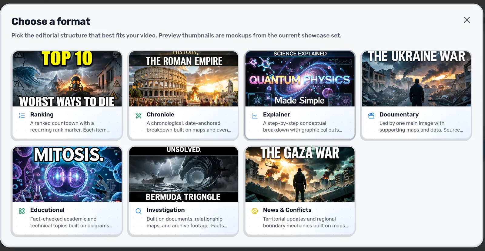 The format picker showing seven formats with preview images.