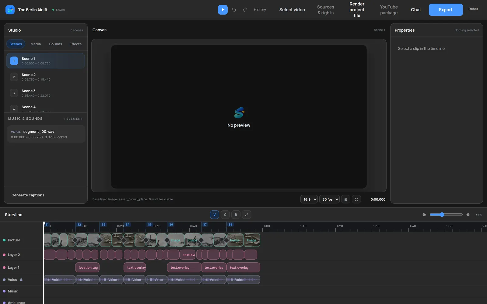 The Scenvy editor with scenes on the left, the canvas in the middle, properties on the right and the storyline timeline below.